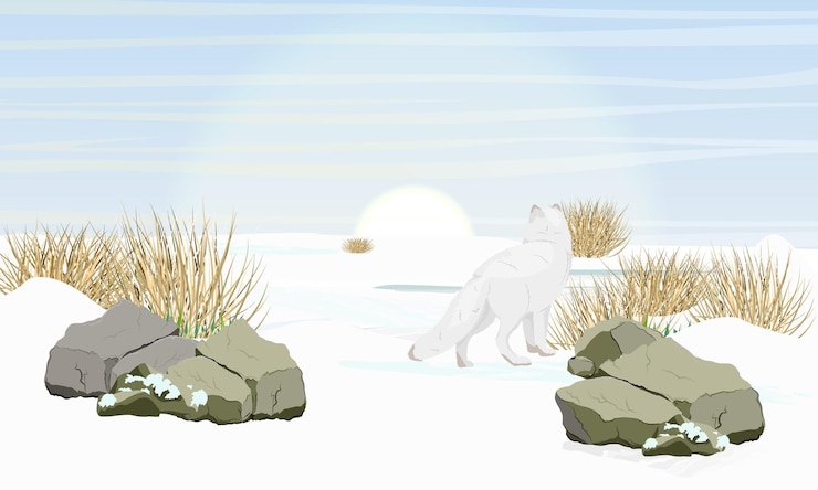 Vektor polarfuchs steht auf einer schneebedeckten ebene und betrachtet das arktische tier der sonne