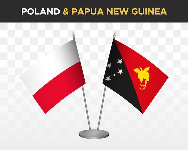 Polen vs papua-neuguinea schreibtischflaggen mockup isolierte 3d-vektorillustration polnische tischflagge