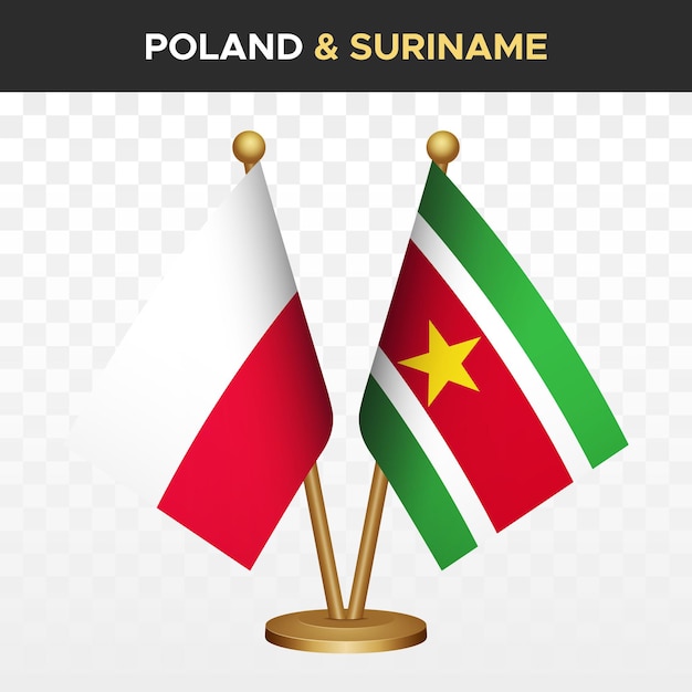 Vektor polen vs. surinam-flaggen 3d-flagge polens auf einem stehtisch vektorillustration