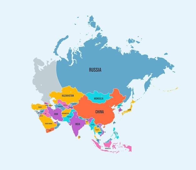 Vektor politische karte des asiatischen kontinents. wandteppich asiens mit ländergrenzen und namen, isolierte vektor-infografik-illustration. detaillierte kartografie mit grenzen. geografisches wort, wilde konturen