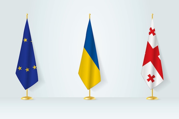Politische Versammlung der Regierungen Flaggen der Europäischen Union, der Ukraine und Georgiens