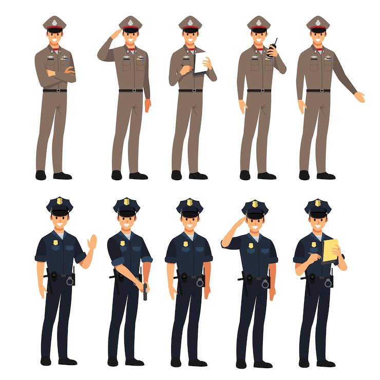 Vektor polizei zeichensatz, illustration zeichentrickfigur.