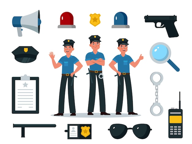 Polizeiausrüstung. polizistenfiguren in uniform mit professioneller ausrüstung, abzeichen, handschellen und walkie-talkie, schlagstock, pistole, professionelle symbole für kinder vektor flache cartoon isoliert set