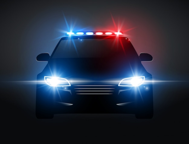 Vektor polizeiauto-lichtsirene in der nachtvorderansicht. patrouille cop notfall polizeiauto silhouette mit blinker