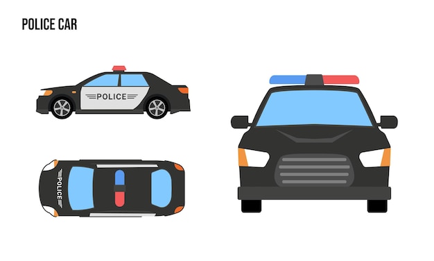 Polizeifahrzeug flachdesign-illustration öffentliche fahrzeuge top-view seiten-view front-view isoliert durch weißen hintergrund