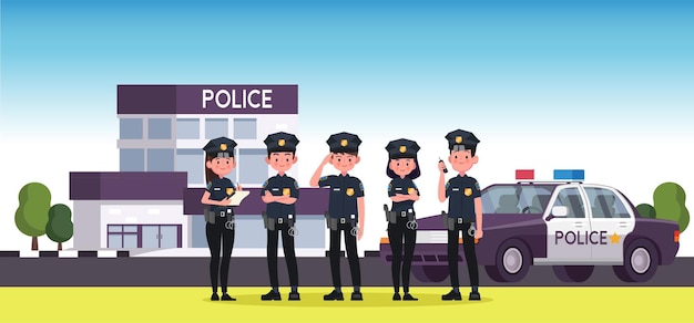 Polizeistation gebäude der stadtpolizei und polizisten polizistenwagen im bürosicherheitsaußenbereich