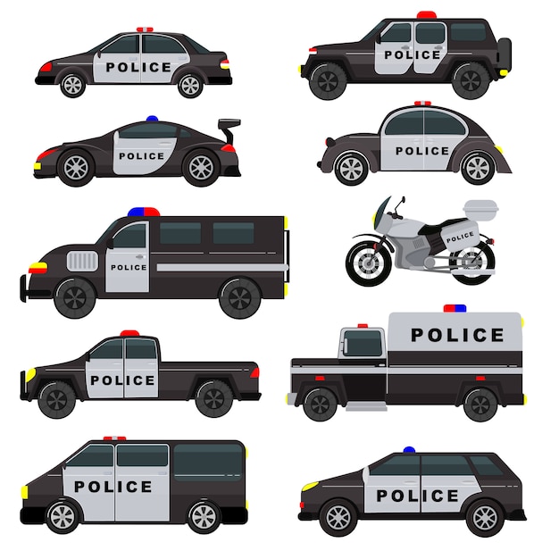Polizeiwagen notfallrichtlinie fahrzeug lkw und geländewagen auto patrouille und polizisten motorrad illustration satz von polizisten transport und polizeidienst auto isoliert auf weißem hintergrund