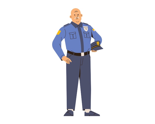 Polizist in blauer Uniform steht und blickt in die Kamera, Cartoon-Vektorillustration