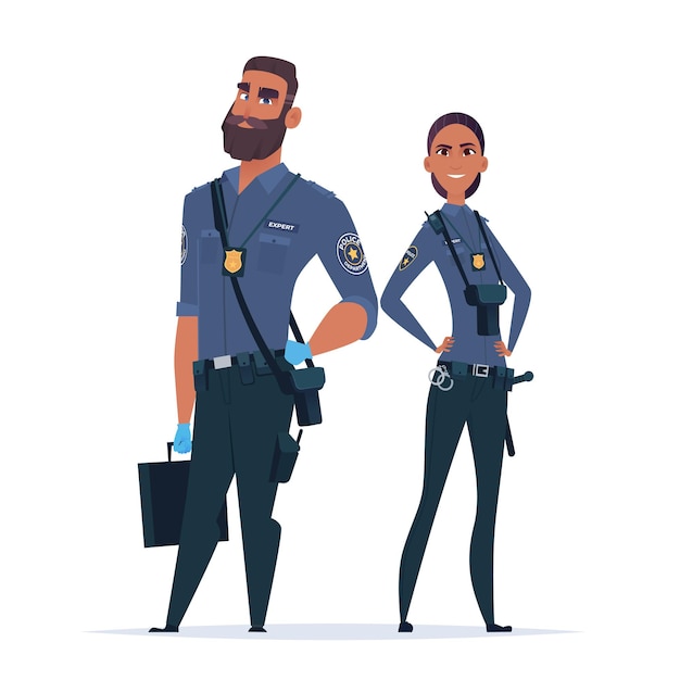 Vektor polizistenpaar in der uniform, die zusammen steht. polizeifiguren. beamte für öffentliche sicherheit. hüter von recht und ordnung.