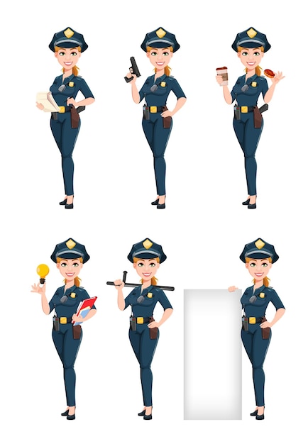 Polizistin in uniform mit sechs posen