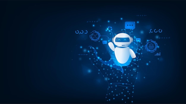Polygon-Wireframe-Hand mit künstlicher Intelligenz Chat-Bot-Konzept Abstrakte digitale Technologie