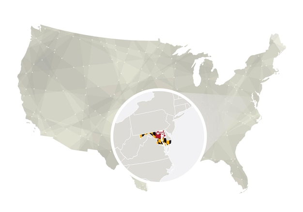 Polygonale abstrakte usa-karte mit vergrößertem staat maryland karte des staates maryland und flagge us- und maryland-vektorkarte vektorillustration