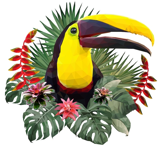 Polygonale illustration tukanvogel und amazonas-waldpflanzen.