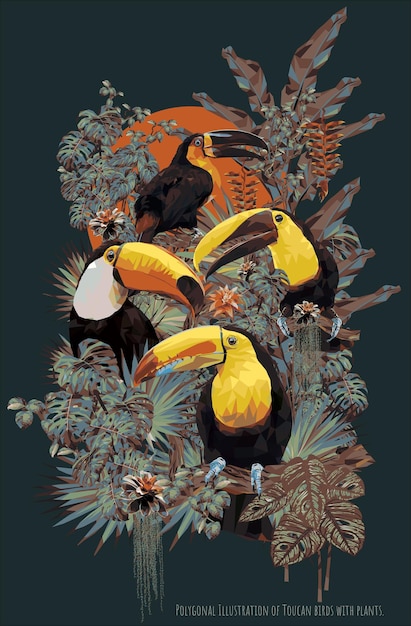 Polygonale Illustration von Toucan-Vögeln mit Pflanzen