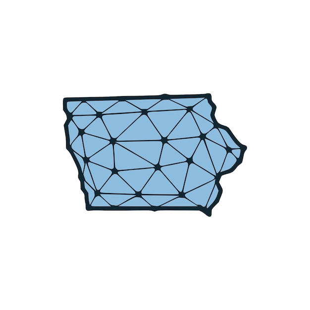 Vektor polygonale karte des bundesstaates iowa, bestehend aus linien und punkten, isoliert auf weißem hintergrund. low-poly-design des us-bundesstaates