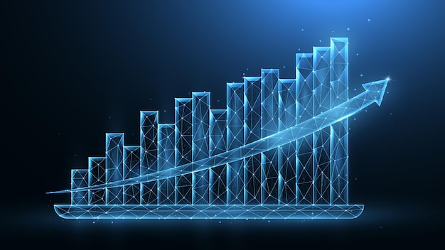 Polygonale Vektordarstellung analytischer Grafiken auf dunkelblauem Hintergrund