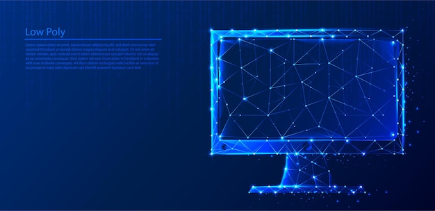Polygonaler Computer auf dunkelblauem technischem Hintergrund, Dreiecken und Partikelstilentwurf.