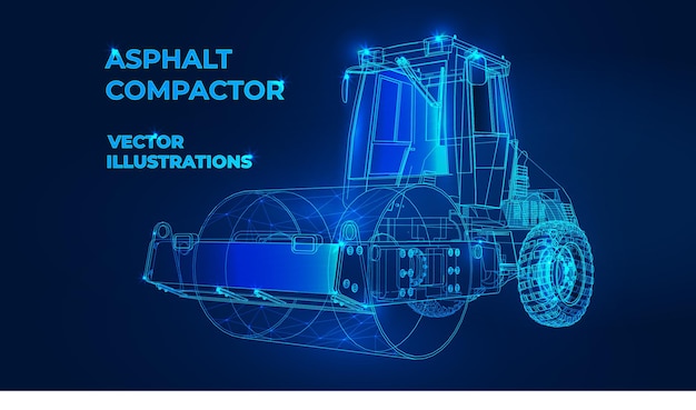 Polygonaler vektor-asphaltverdichter auf dunkelblauem hintergrund.
