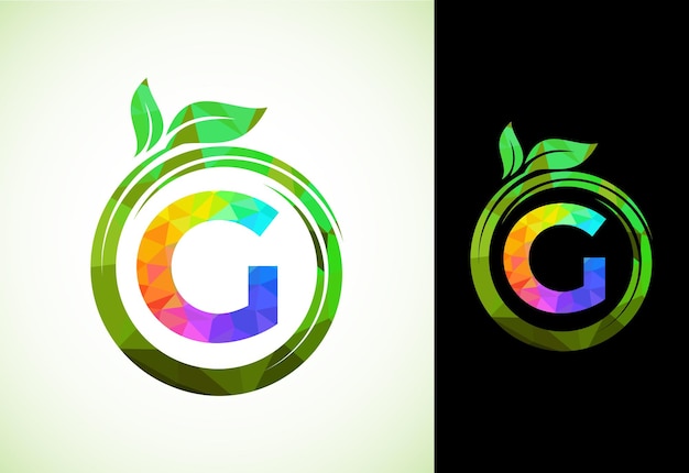 Polygonales alphabet g in einer spirale mit grünen blättern natursymbol zeichensymbol geometrische formen stil logo design für business healthcare naturfarm und unternehmensidentität