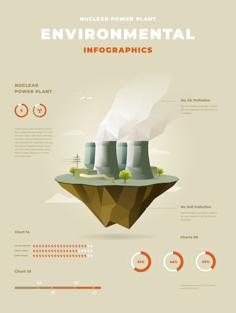 Vektor polygonales kernkraftwerk auf schwimmenden inselinfografiken