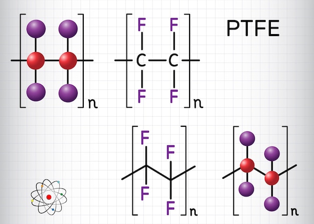 Polytetrafluoroethylen- oder PTFE-Teflonpolymermolekül Molekülmodell mit struktureller chemischer Formel