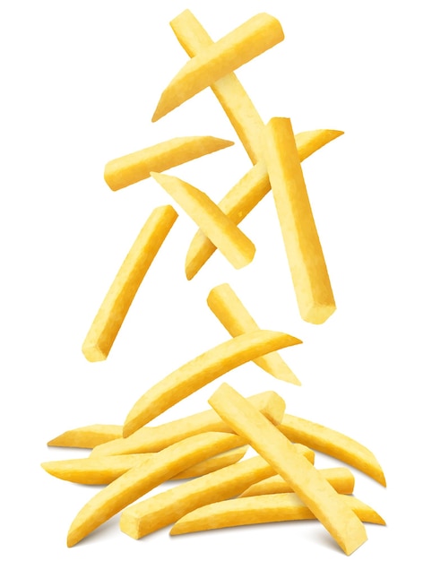 Vektor pommes-frites-hintergrund fast-food-banner fliegende pommes-frites-kartoffeln mit verschwommenem effekt isoliert auf weiß junk-food fallende geröstete gemüsestücke realistische 3d-vektordarstellung