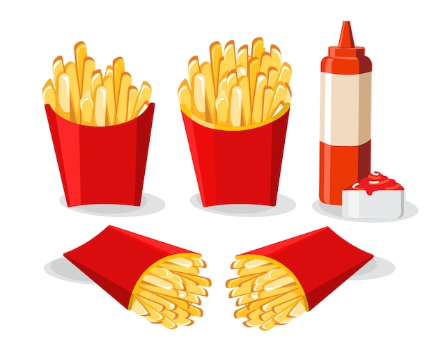 Vektor pommes frites in red box illustration, pommes frites mit chilisauce und ketchup