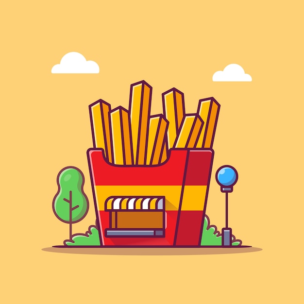 Pommes frites shop cartoon icon illustration. fast-food-gebäude-symbol-konzept isoliert. flacher cartoon-stil