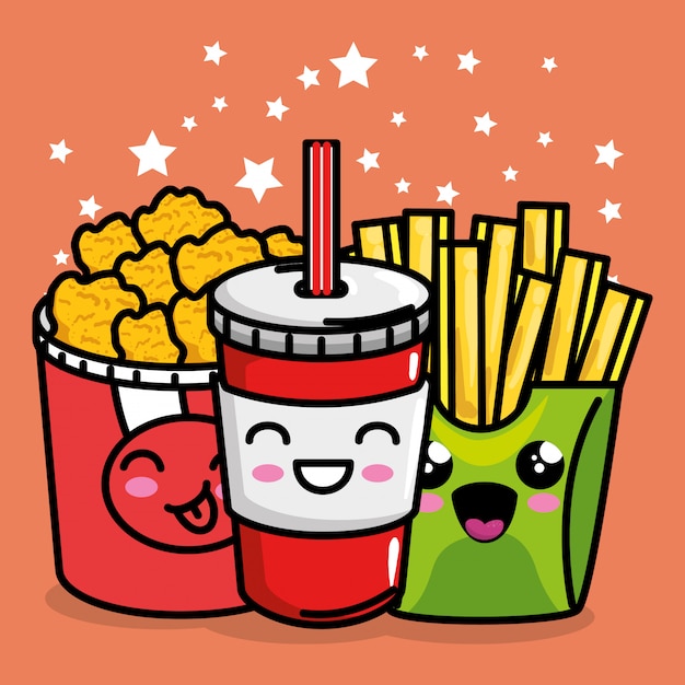 Pommes frites und nugets mit soda kawaii charakter