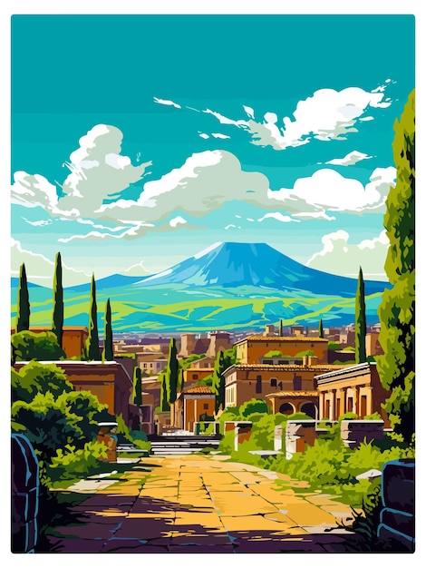 Vektor pompeji italien vintage reiseposter souvenir postkarten porträtmalerei wpa-illustration