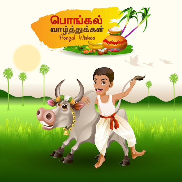 Pongal grüße mit farmer holding bull