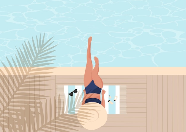 Vektor pool party banner vektor flache illustration mädchen im badeanzug beim sonnenbaden am pool