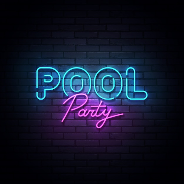 Pool party leuchtreklame, helles schild, licht banner. pool party logo neon, emblem. illustration