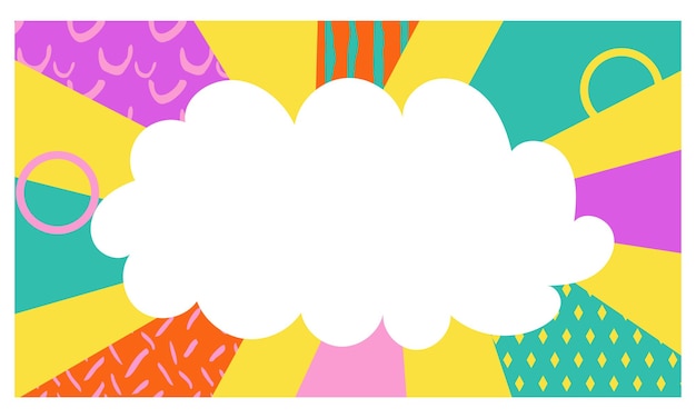 Pop-art-ankündigungskarte mit leerer wolkenblase und radialen balkenstreifen, vektor-comic-hintergrund