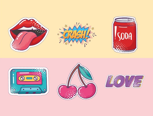 Pop art element aufkleber icon set, lippen, soda, kassette, kirsche und liebe