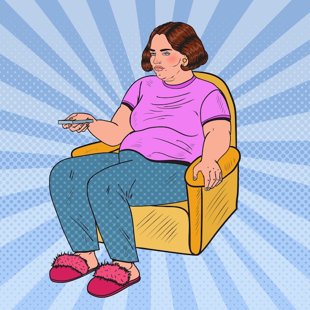Pop art fat woman fernsehen mit fernbedienung
