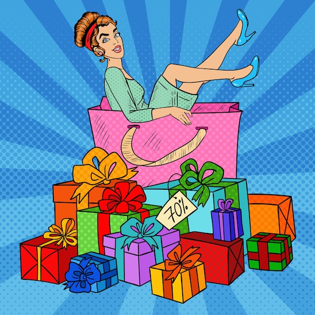 Vektor pop art glückliche frau in der großen einkaufstasche mit riesigen geschenkboxen. illustration