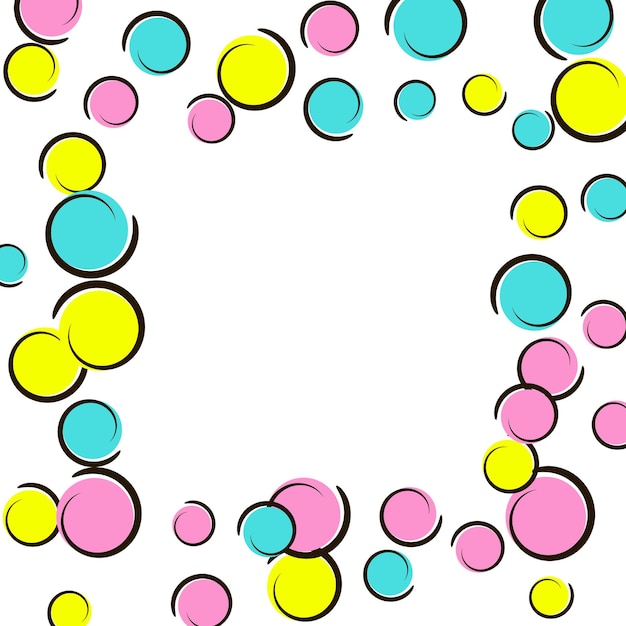 Pop-art-grenze mit komischem polka-dot-konfetti. große farbige flecken, spiralen und kreise auf weiß. vektor-illustration. vibrierender kindischer spritzer für geburtstagsfeier. regenbogen-pop-art-grenze.
