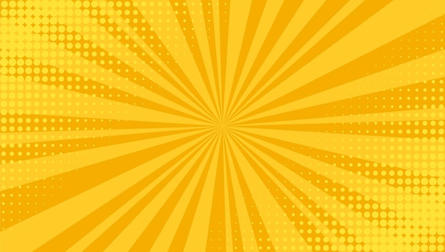 Pop-art-hintergrund. komische halbtonstruktur. gelbes cartoon-starburst-muster. retro-print mit balken und punkten. vintage sunburst-banner. lustige superhelden-kulisse.