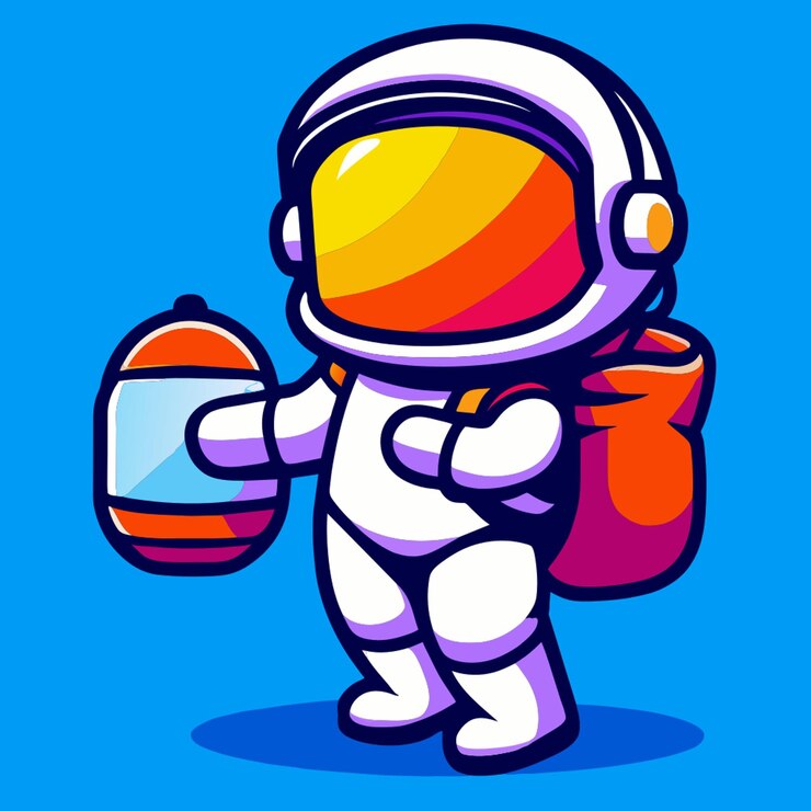 Vektor pop-art-kleiner astronaut mit taschenpack cartoon-vektorillustration in isolierter blauer hintergrund