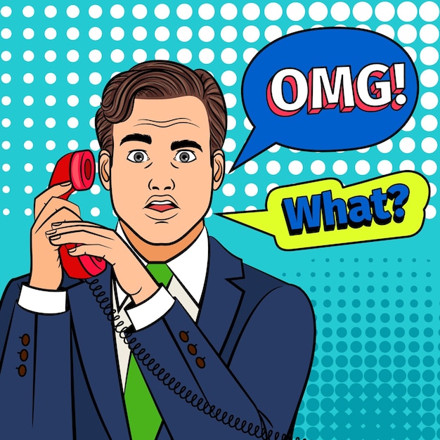 Pop-art-mann mit telefon. retro clipart überraschter mann mit atemberaubendem gesicht und omg in comic-textblase