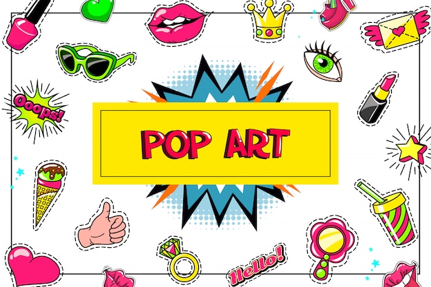 Pop-art-mode aufkleber zusammensetzung mit brillen lippenstift eis daumen daumen hoch symbol cocktail rede blase ring geflügelt buchstaben herz