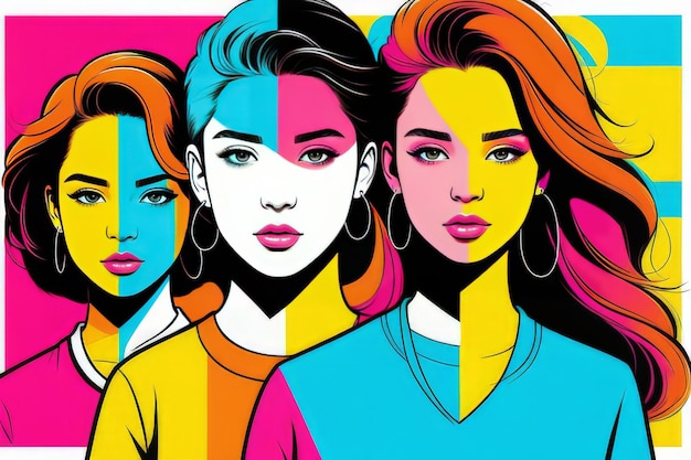 Vektor pop-art-mode-frauen mit unterschiedlicher farbe und farbenfrohem hintergrund vektor-illustration grafik