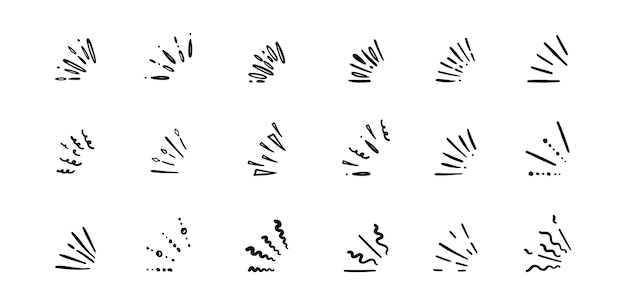 Pop-überraschungs-gliederungssatz handgezeichnete starburst-elemente kreis-sunburst-doodle-zeichnung gerahmtes design-abzeichen oder etikett abstrakter umriss burst-explosion-lichtstrahlen vektorisolierte comic-icons gesetzt