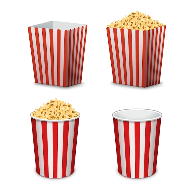 Popcorn-eimer isoliert. volle und leere popcornbox fürs kino