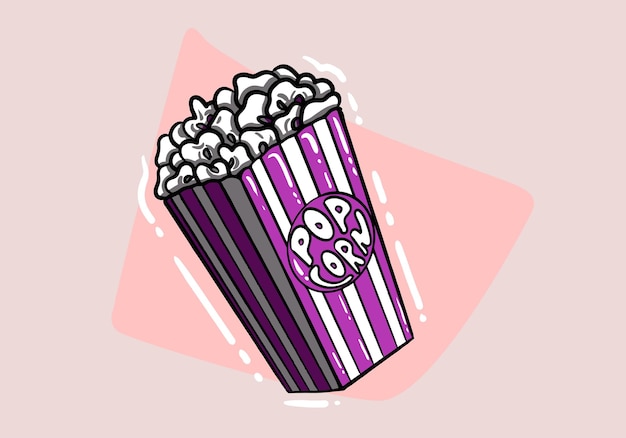 Popcorn, handgezeichneter vektor, popcorn-kino, filmbox, lebensmitteleimer, film-snack-taschenbehälter