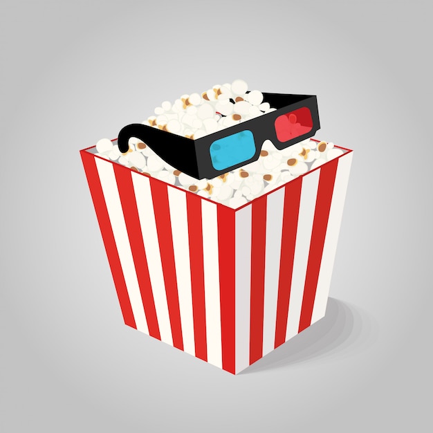 Vektor popcorn im kasten mit gläsern 3d für kino