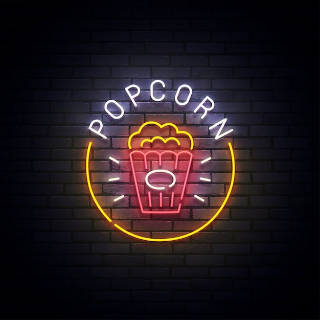 Popcorn-leuchtreklame, helles schild, lichtbanner. popcorn logo neon, emblem. illustration