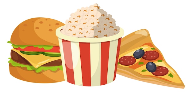 Popcorn mit hamburger und pizzastück cartoon fast food