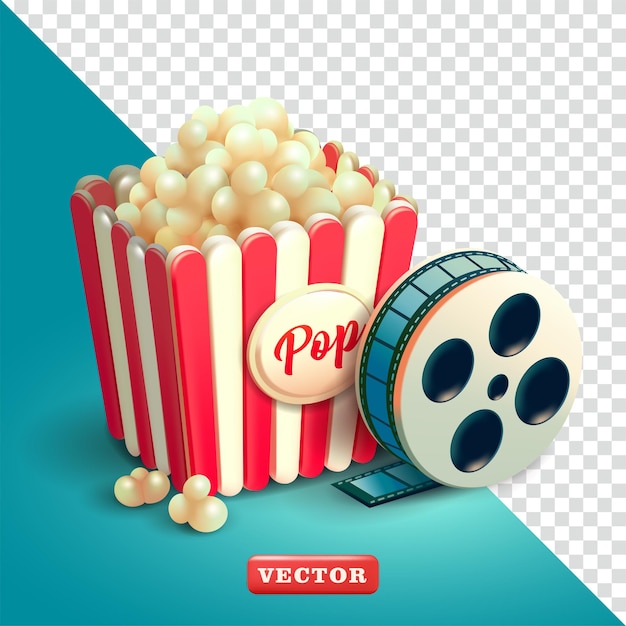 Vektor popcorn und filmrollen 3d-vektoren geeignet für filmveranstaltungen und designelemente